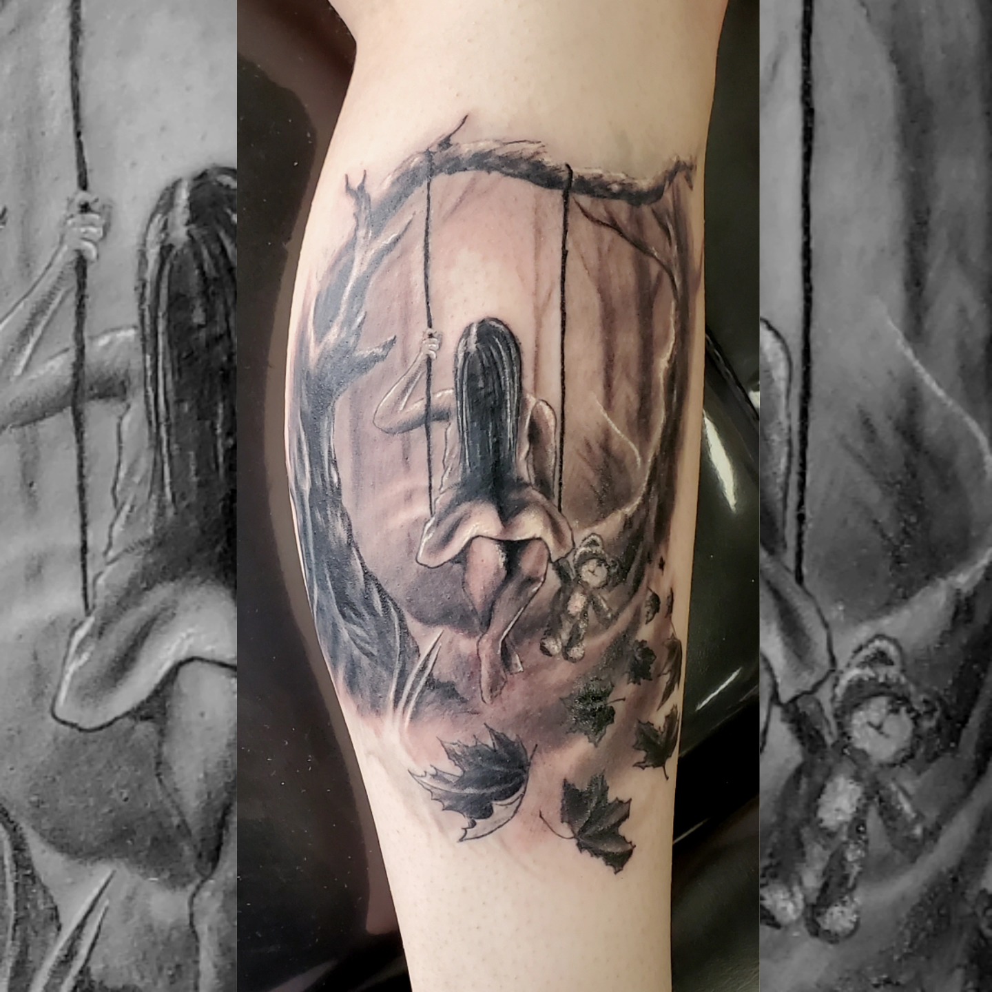 Here's a cute and creepy one by Justin. Parts of this are healed and some fresh in this photo.

@Jukzta #NightfallGallery #ChampaignUrbana #blackandgreytattoo #CUtattoo #blackandgray #Chambana #darkart #keepitcreepy #Jukzta